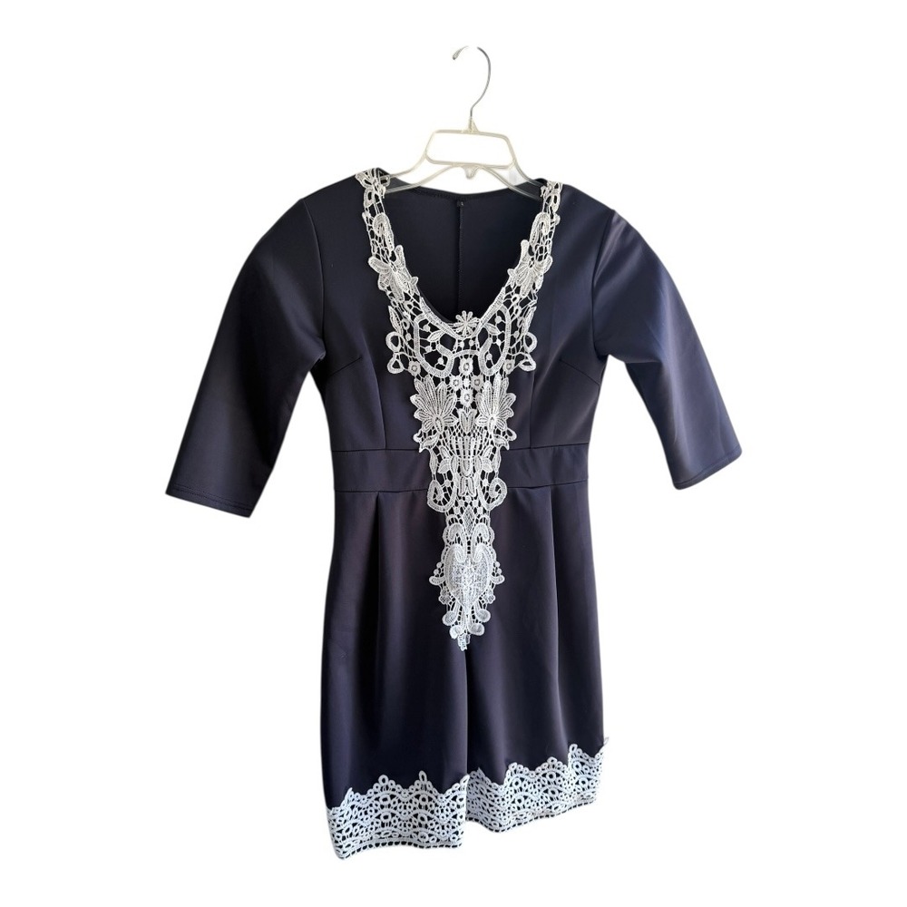 Coquette Mini Dress Slim Fit Large Navy‎ Blue Lace Crochet Trim 3/4 Sleev